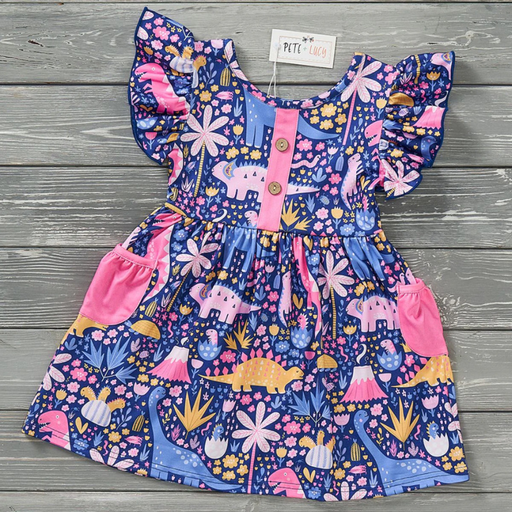 PETE + LUCY Darling Dinos Blue Ruffle Girls Boutique Dress NEW Size 6/6X Pockets